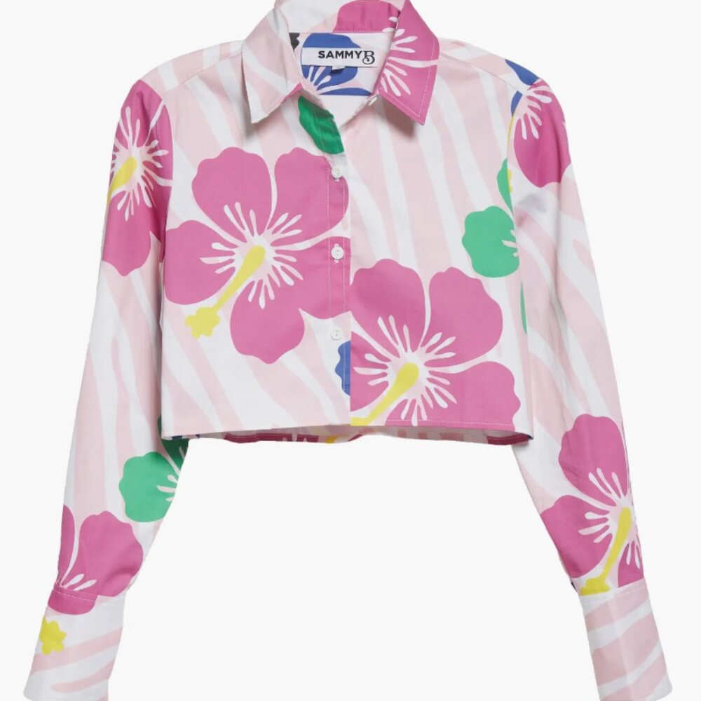 Pink Floral Print Crop Cotton Button-Up Shirt